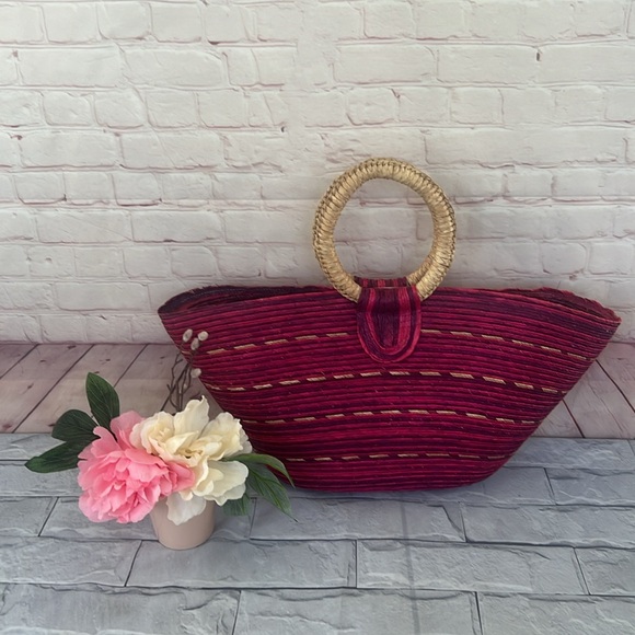 Bohemian rattan Straw woven fuchsia BEAUTY BEACH tote BAG/groceries basket - Picture 4 of 6